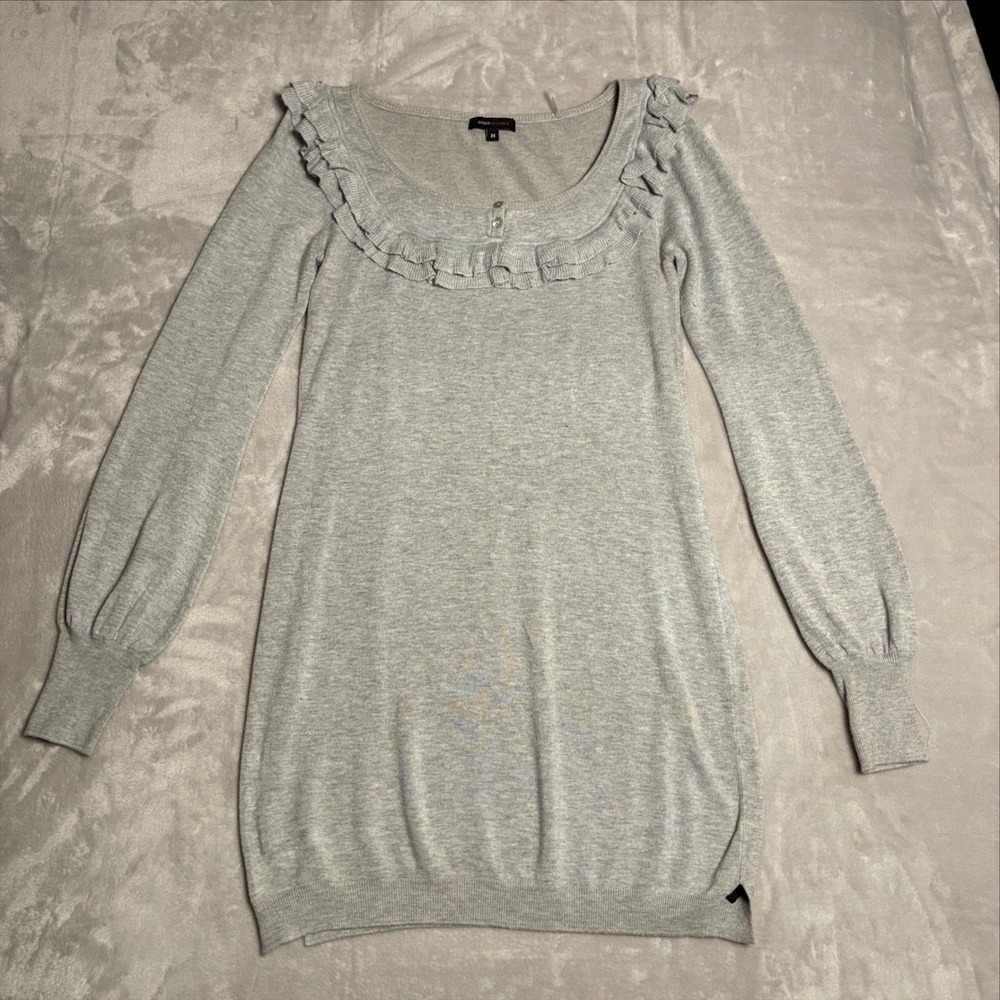 BCBGMaxAzria Heather Gray Ruffle Scoop Neck Long Sleeve Mini Sweater Dress M